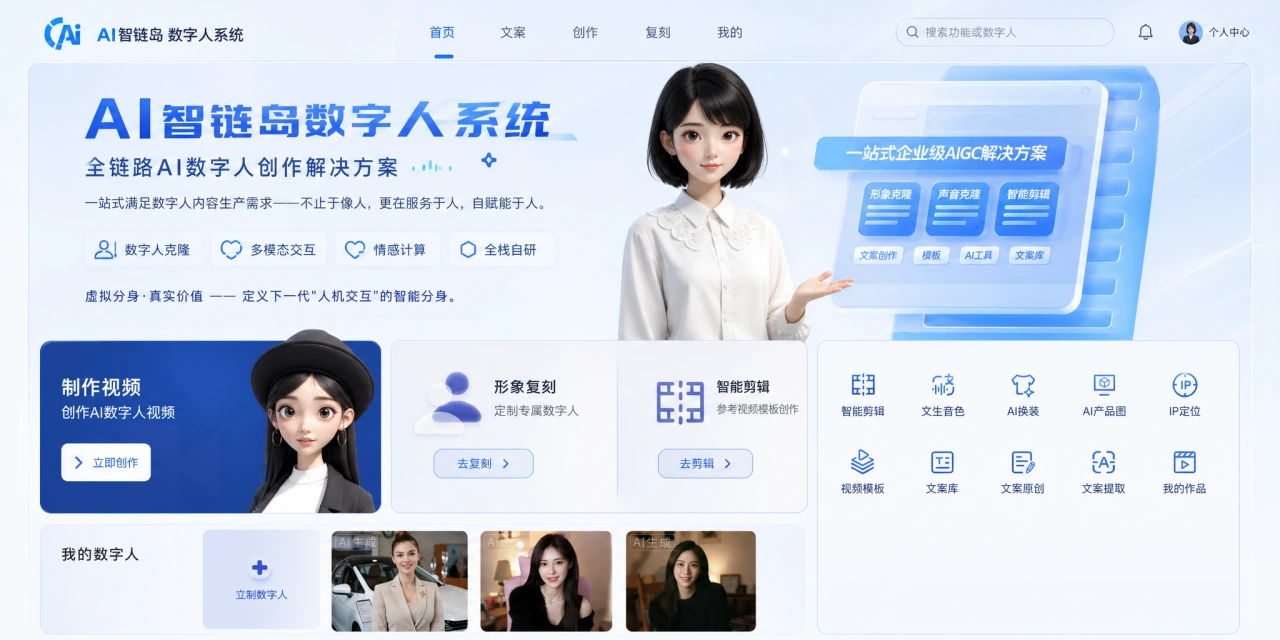 AI智链岛数字人系统页面,包含视频制作、形象复刻与智能剪辑入口