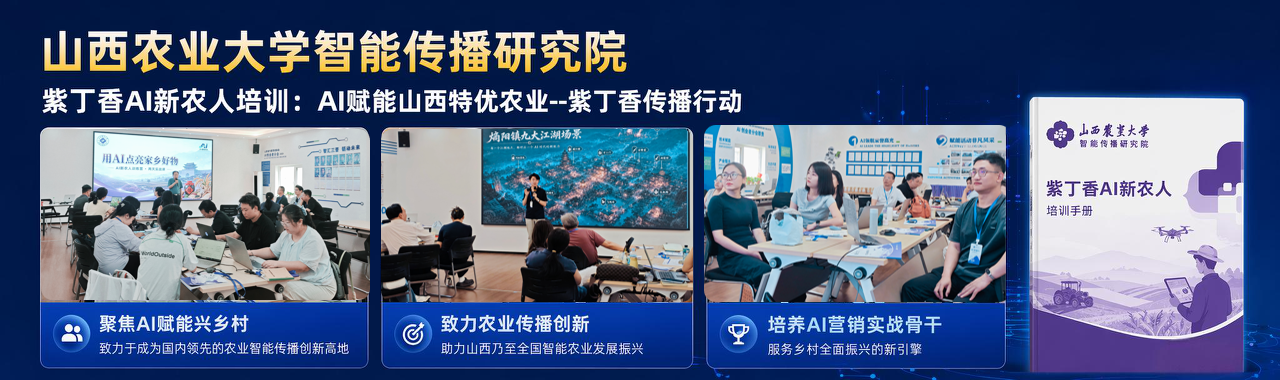 山西农业大学智能传播研究院完整标题、紫丁香AI新农人培训主题与三张课堂照片及手册